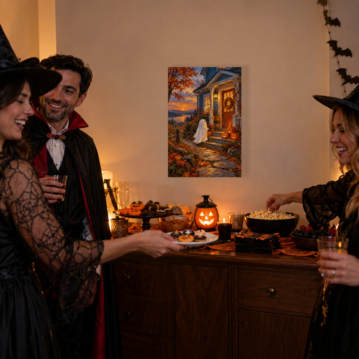 Ghost at the Pumpkin Porch canvas during a costume party