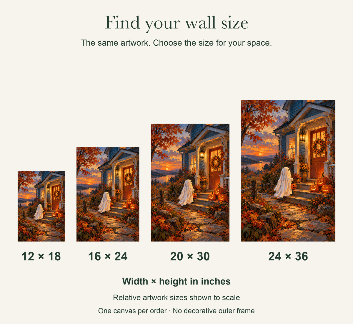 Ghost at the Pumpkin Porch — Halloween Canvas Wall Art — artwork size comparison, width × height in inches — Image 11