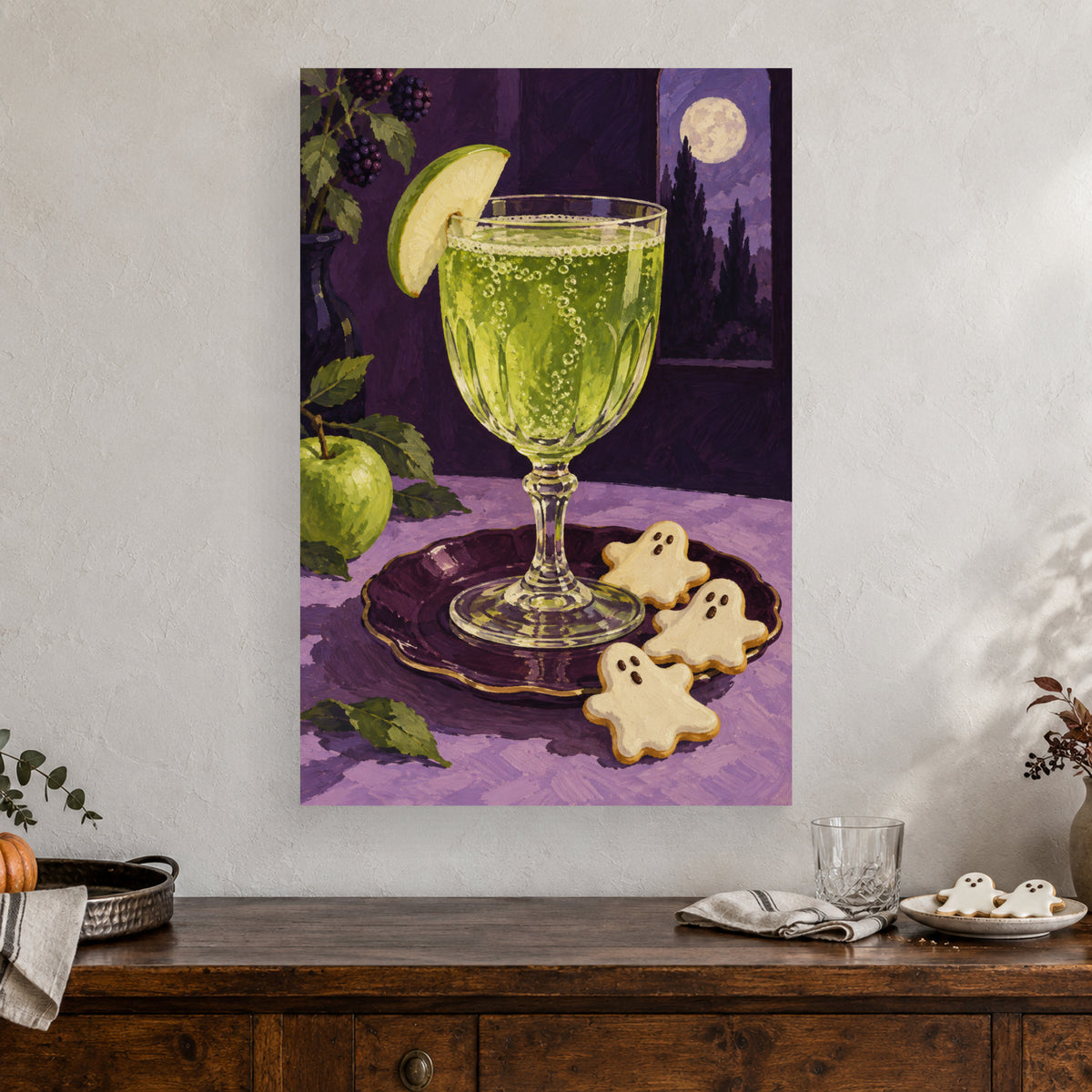 Midnight Apple Fizz canvas print above a seasonal cabinet