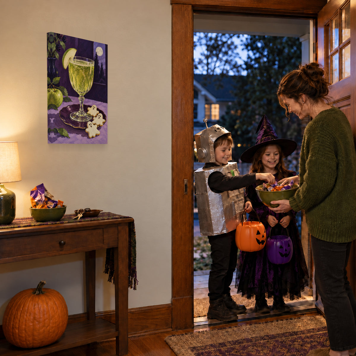 Midnight Apple Fizz canvas print during trick or treat at the front door