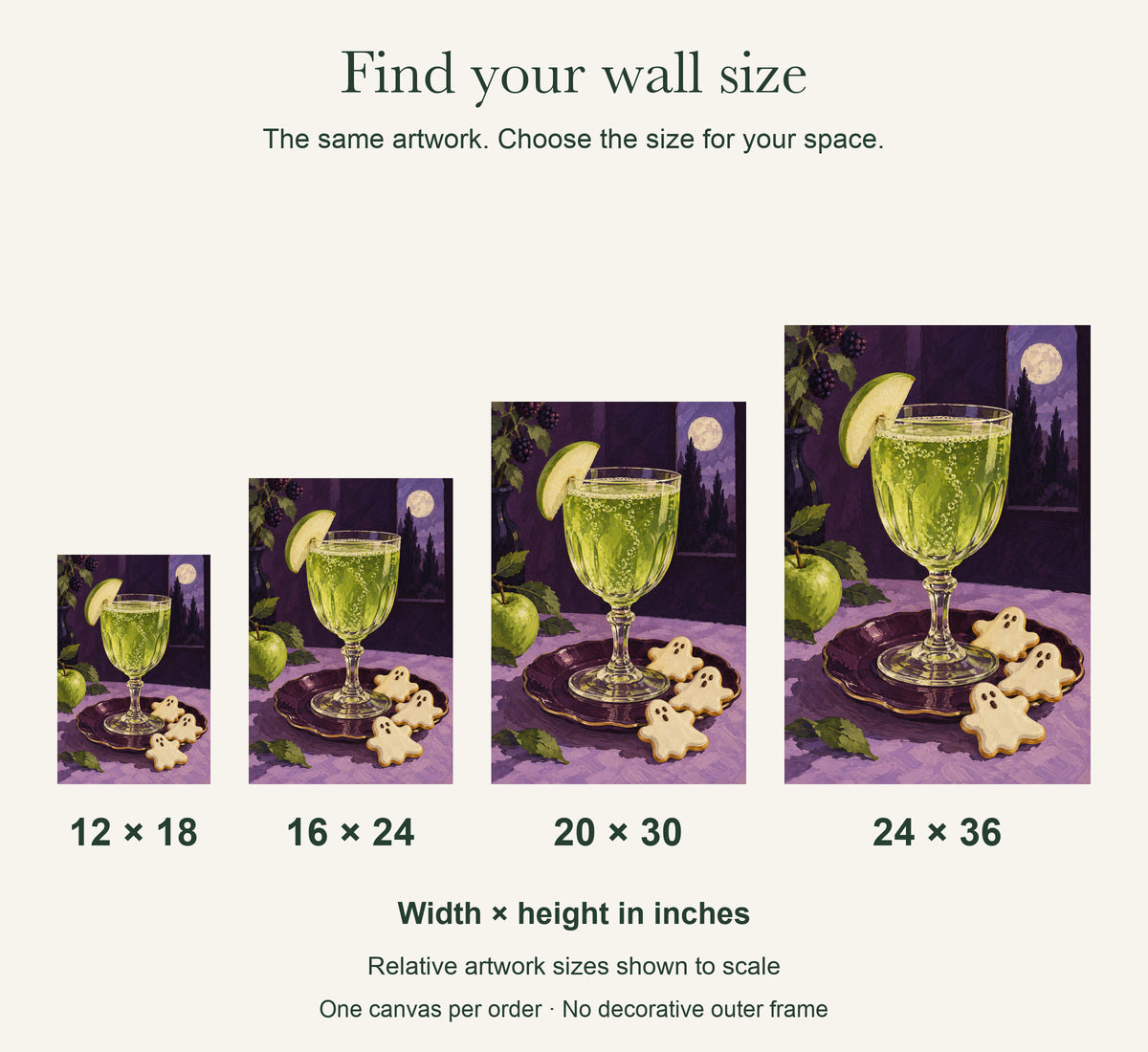 Midnight Apple Fizz — Halloween Canvas Wall Art — artwork size comparison, width × height in inches — Image 11