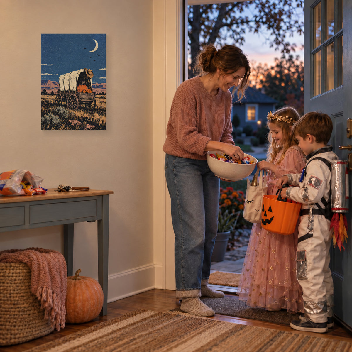 Moonlit Pumpkin Wagon canvas print during trick or treat at the front door