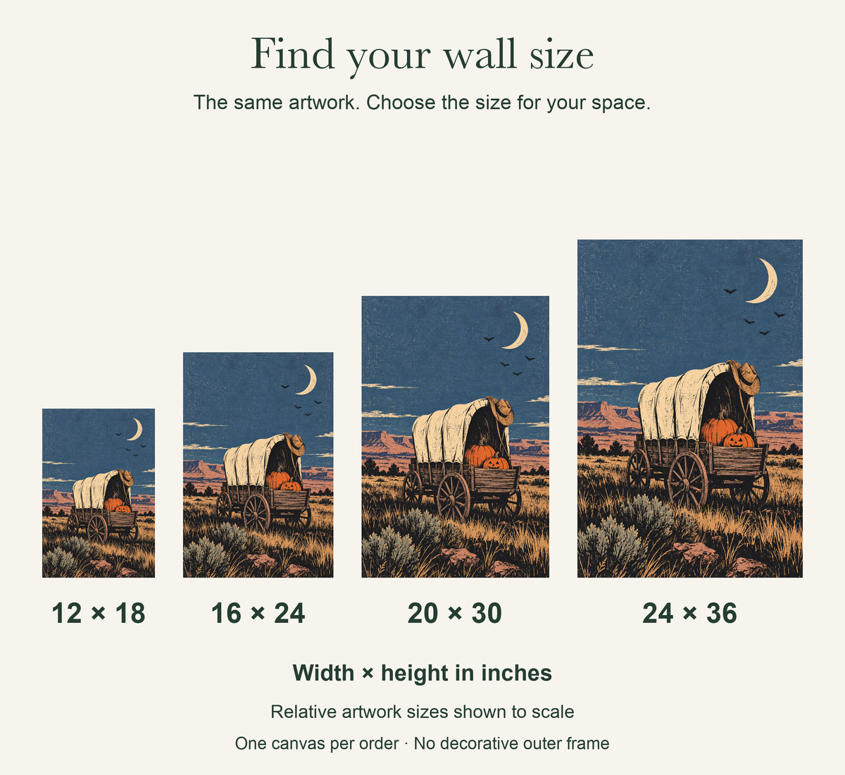 Moonlit Pumpkin Wagon — Halloween Canvas Wall Art — artwork size comparison, width × height in inches — Image 11
