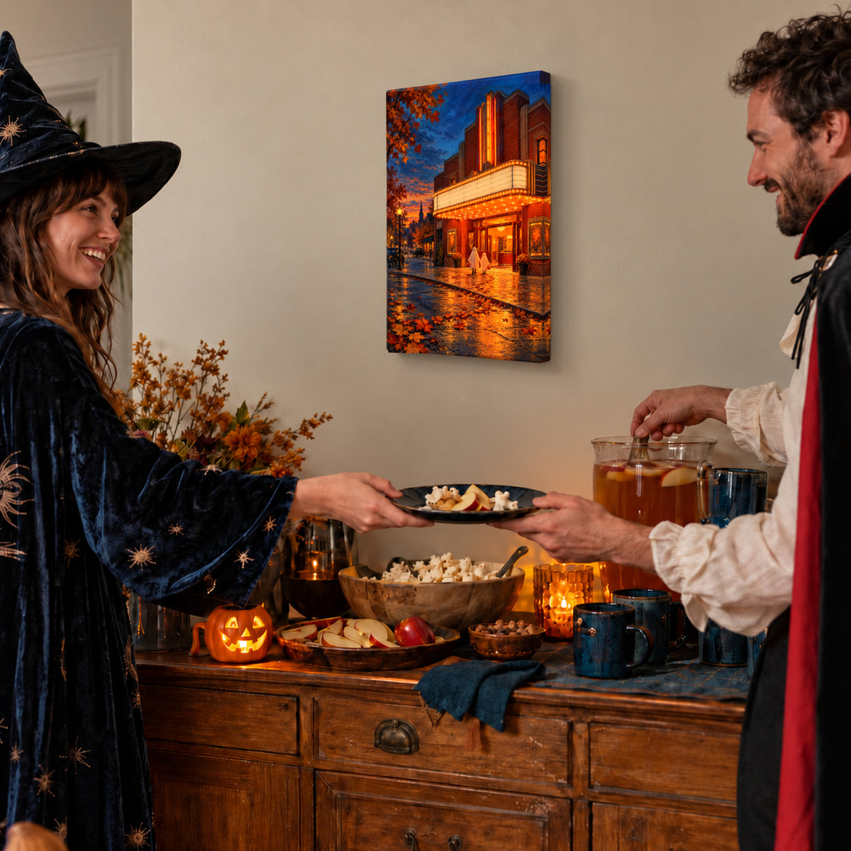 October Small-Town Cinema canvas print during a Halloween costume party