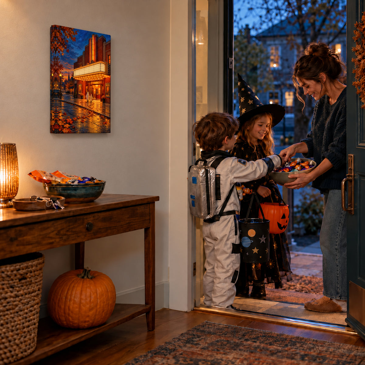 October Small-Town Cinema canvas print during trick or treat at the front door