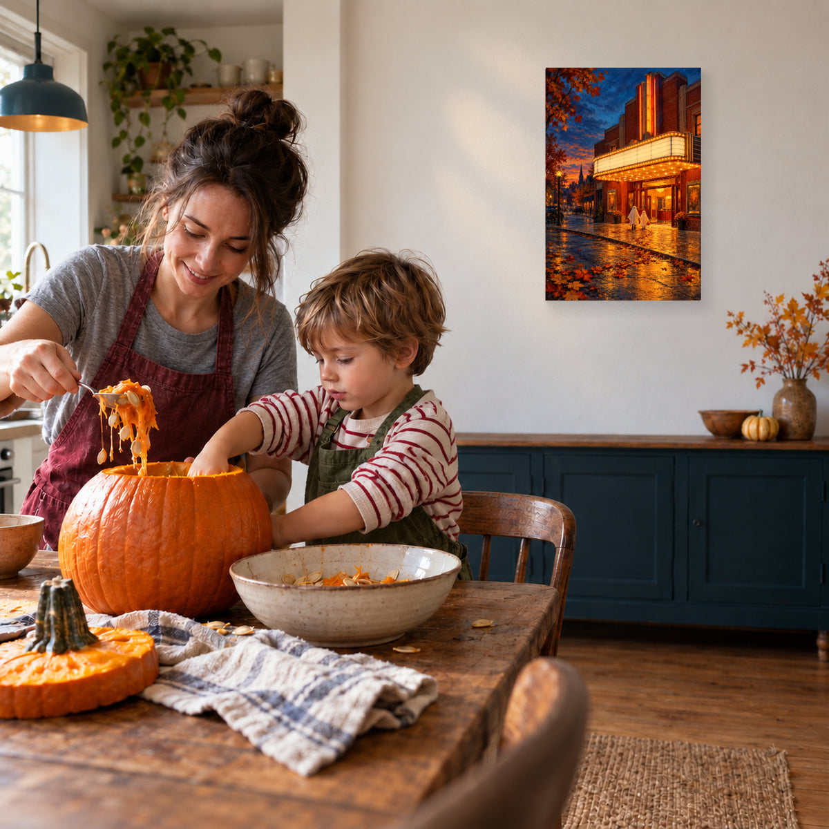 October Small-Town Cinema canvas print during family pumpkin carving