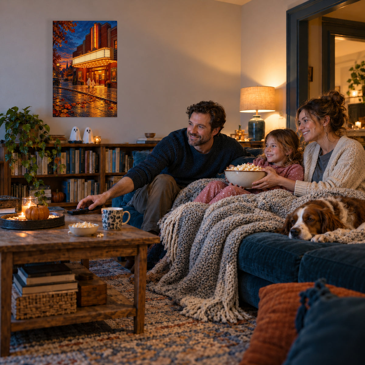 October Small-Town Cinema canvas print during a family Halloween movie night
