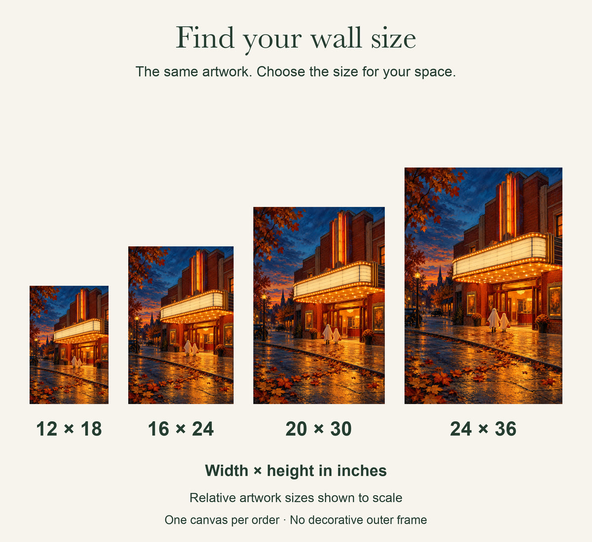 October Small-Town Cinema — Halloween Canvas Wall Art — artwork size comparison, width × height in inches — Image 11