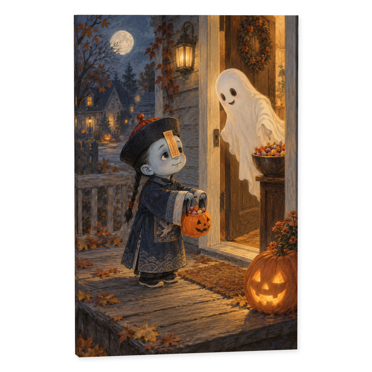 Little Jiangshi’s First Trick-or-Treat — Halloween Canvas Wall Art — Complete canvas print on a white background — image 01