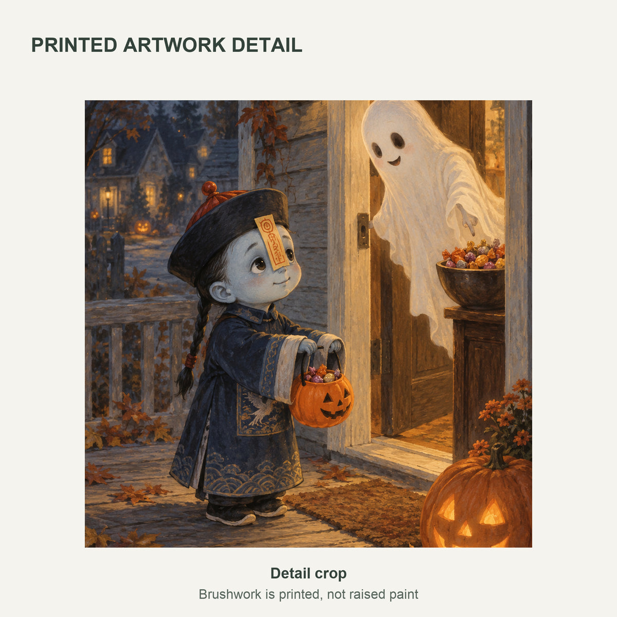 Little Jiangshi’s First Trick-or-Treat — Halloween Canvas Wall Art — Detail crop of the printed artwork — image 05