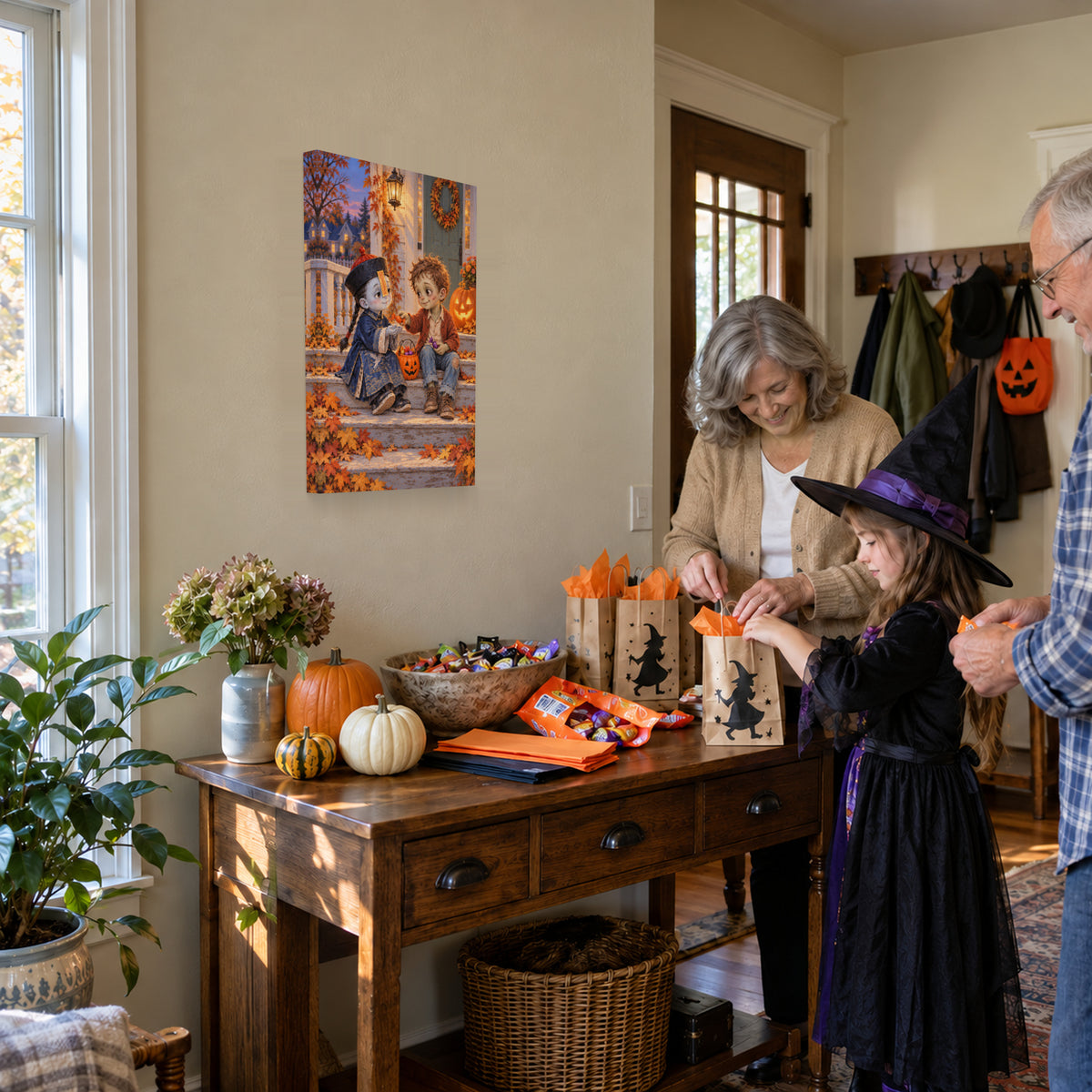 Sweet & Spooky Zombie Friends canvas during family treat bag preparation