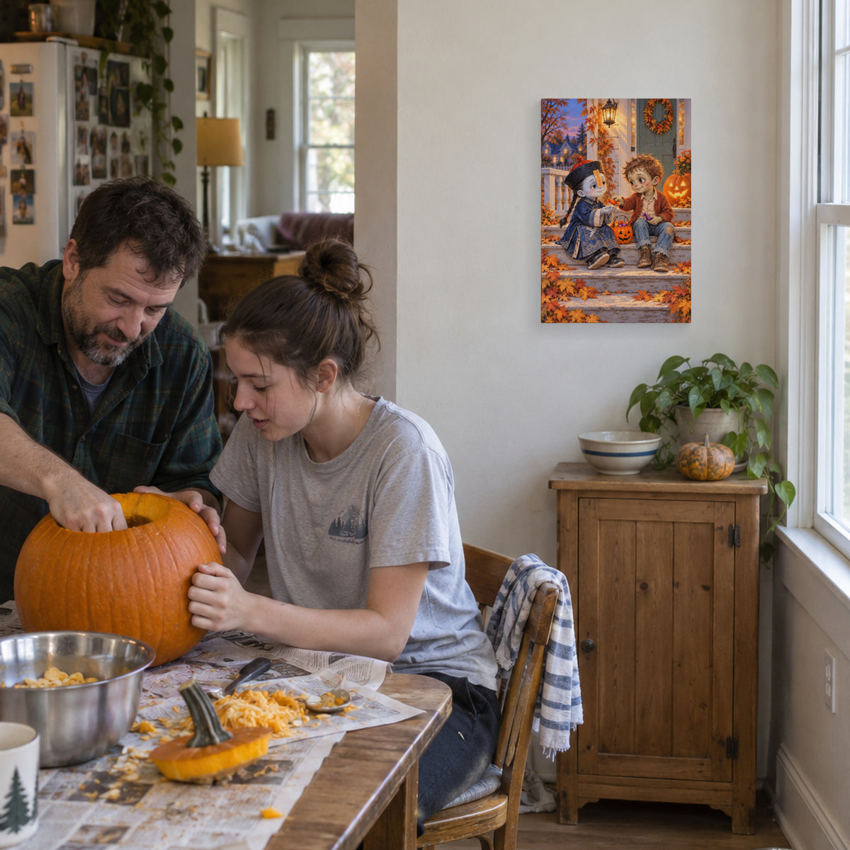 Sweet & Spooky Zombie Friends canvas during family pumpkin carving