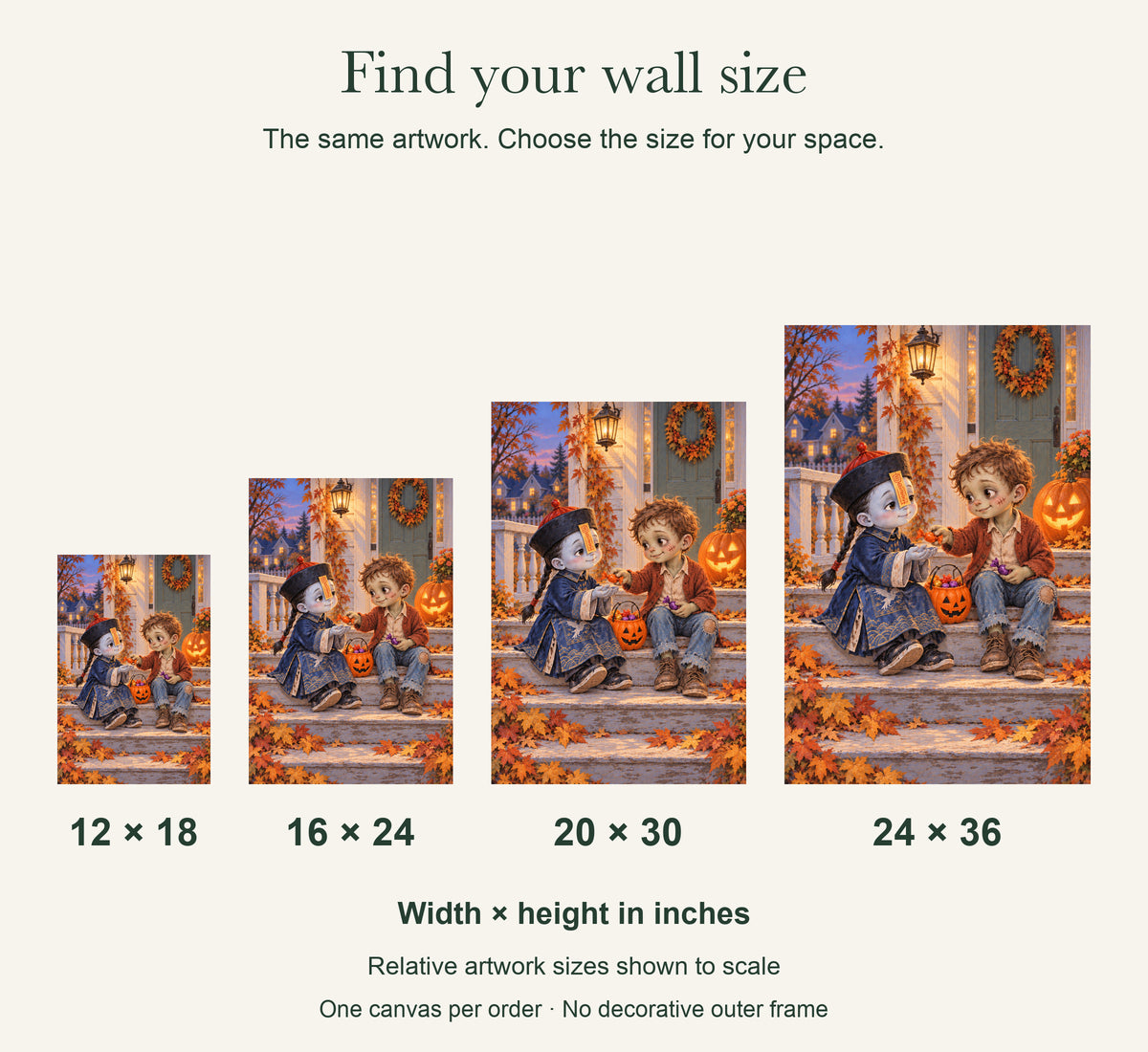 Sweet & Spooky Zombie Friends — Halloween Canvas Wall Art — artwork size comparison, width × height in inches — Image 11