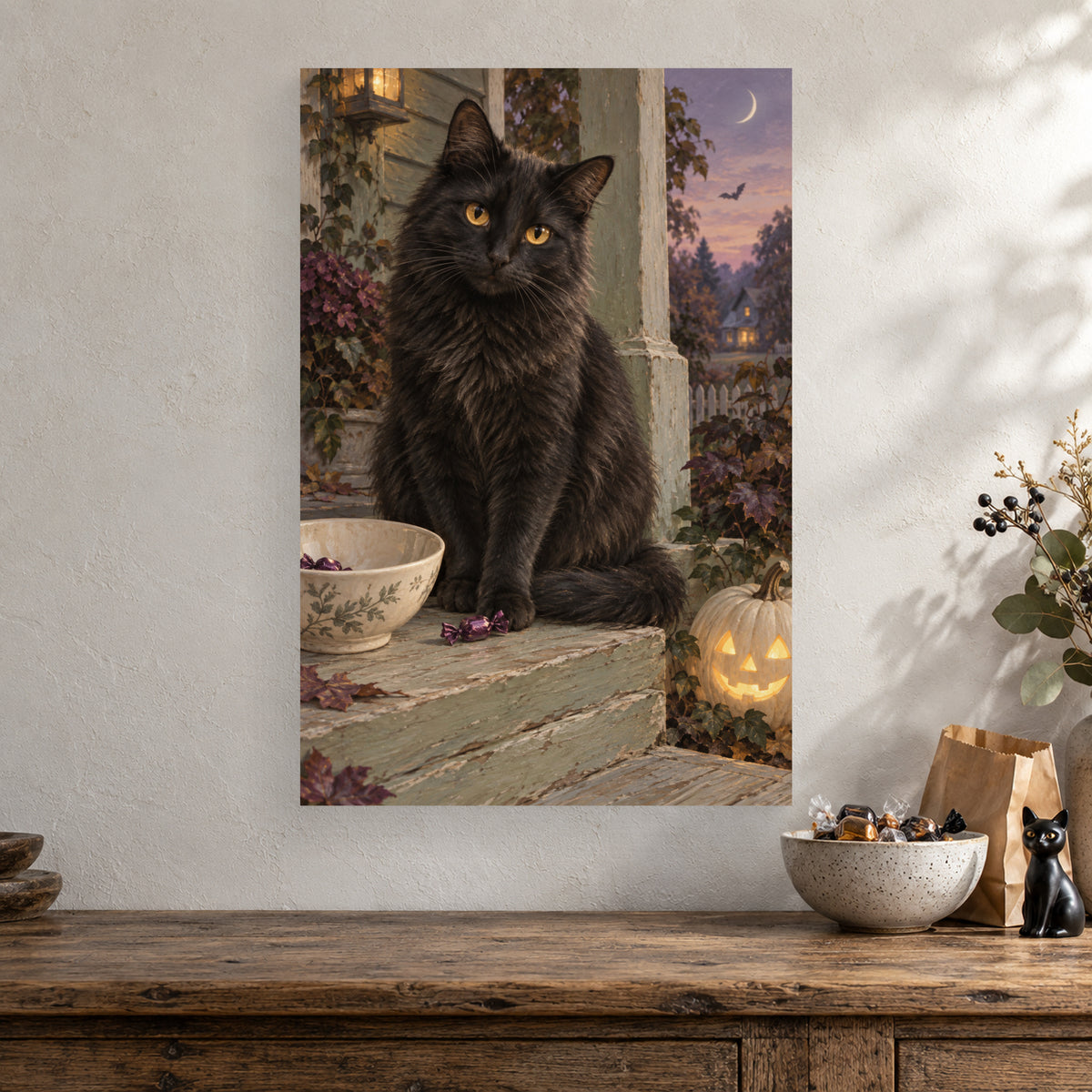Black Cat & the Last Candy canvas above a seasonal cabinet
