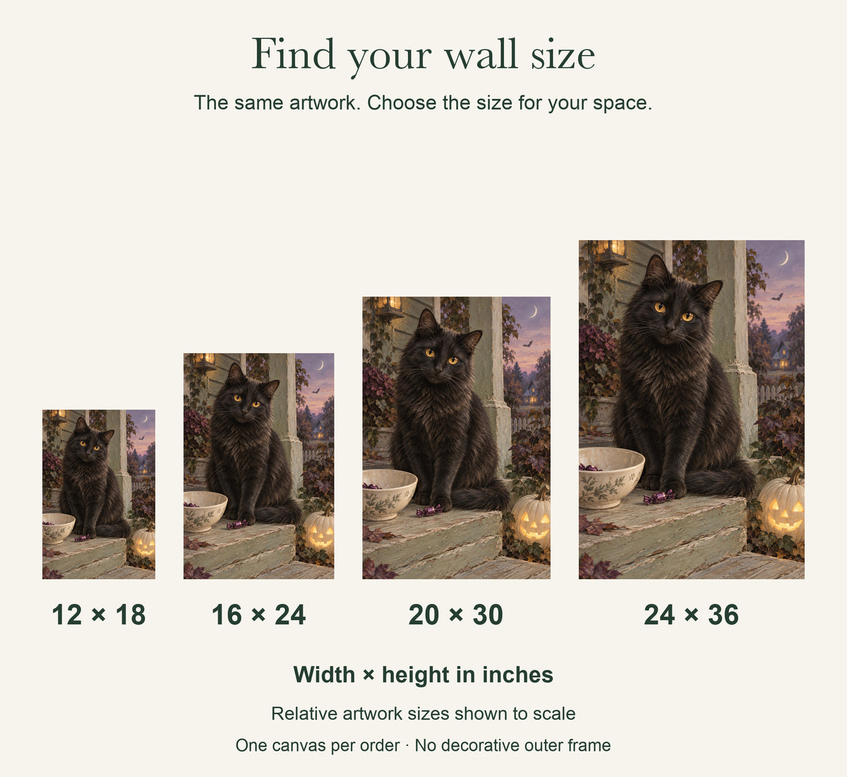 Black Cat & the Last Candy — Halloween Canvas Wall Art — artwork size comparison, width × height in inches — Image 11