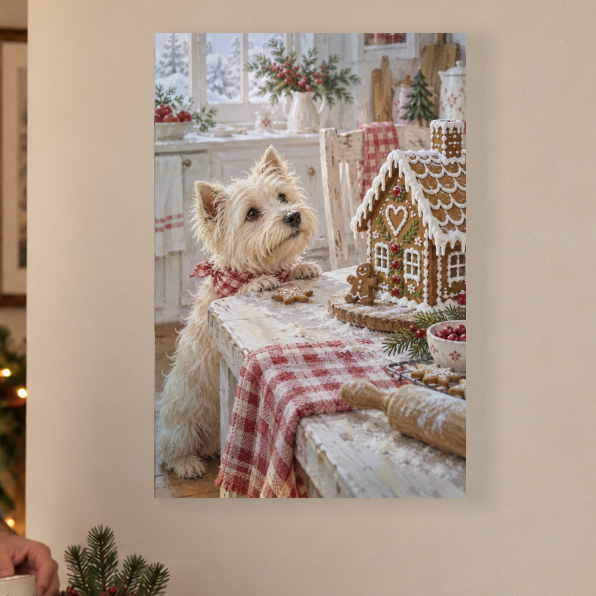 Gingerbread Kitchen Helpers — Christmas Canvas Wall Art — complete unframed canvas artwork in a close lifestyle view; styling props not included