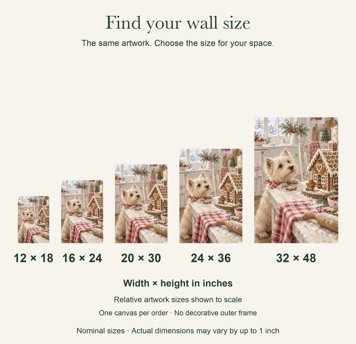 Gingerbread Kitchen Helpers — Christmas Canvas Wall Art — artwork size comparison, width × height in inches — Image 11