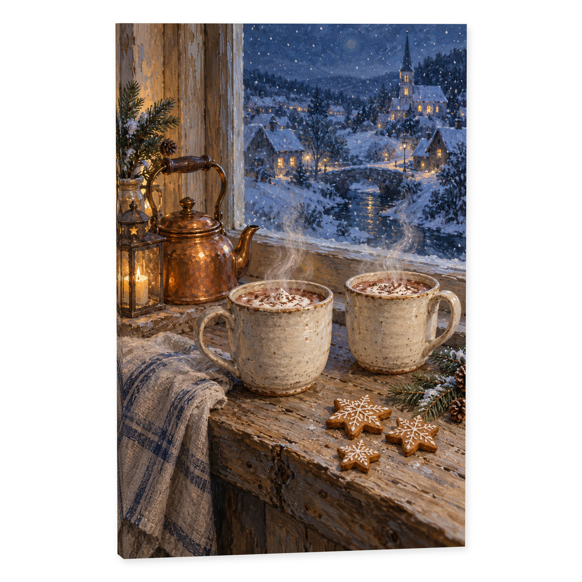 Snowy Night Hot Cocoa — Christmas Canvas Wall Art — Complete canvas print on a white background — image 01