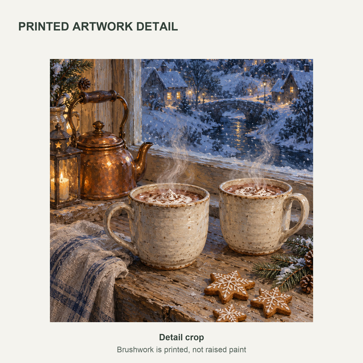 Snowy Night Hot Cocoa — Christmas Canvas Wall Art — Detail crop of the printed artwork — image 05