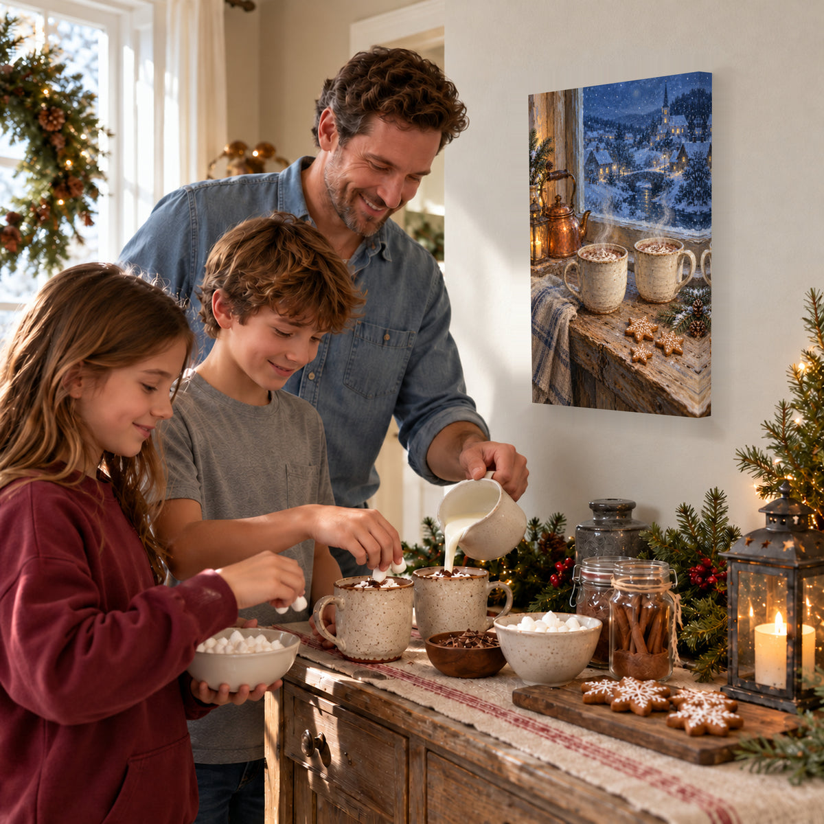 Snowy Night Hot Cocoa 16 by 24 inch canvas print during family hot cocoa preparation