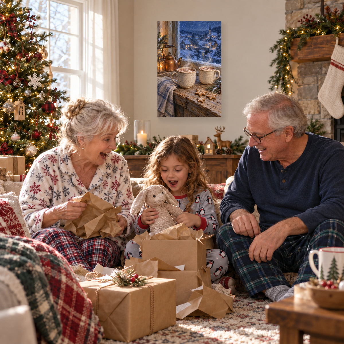 Snowy Night Hot Cocoa canvas print during family Christmas gift opening