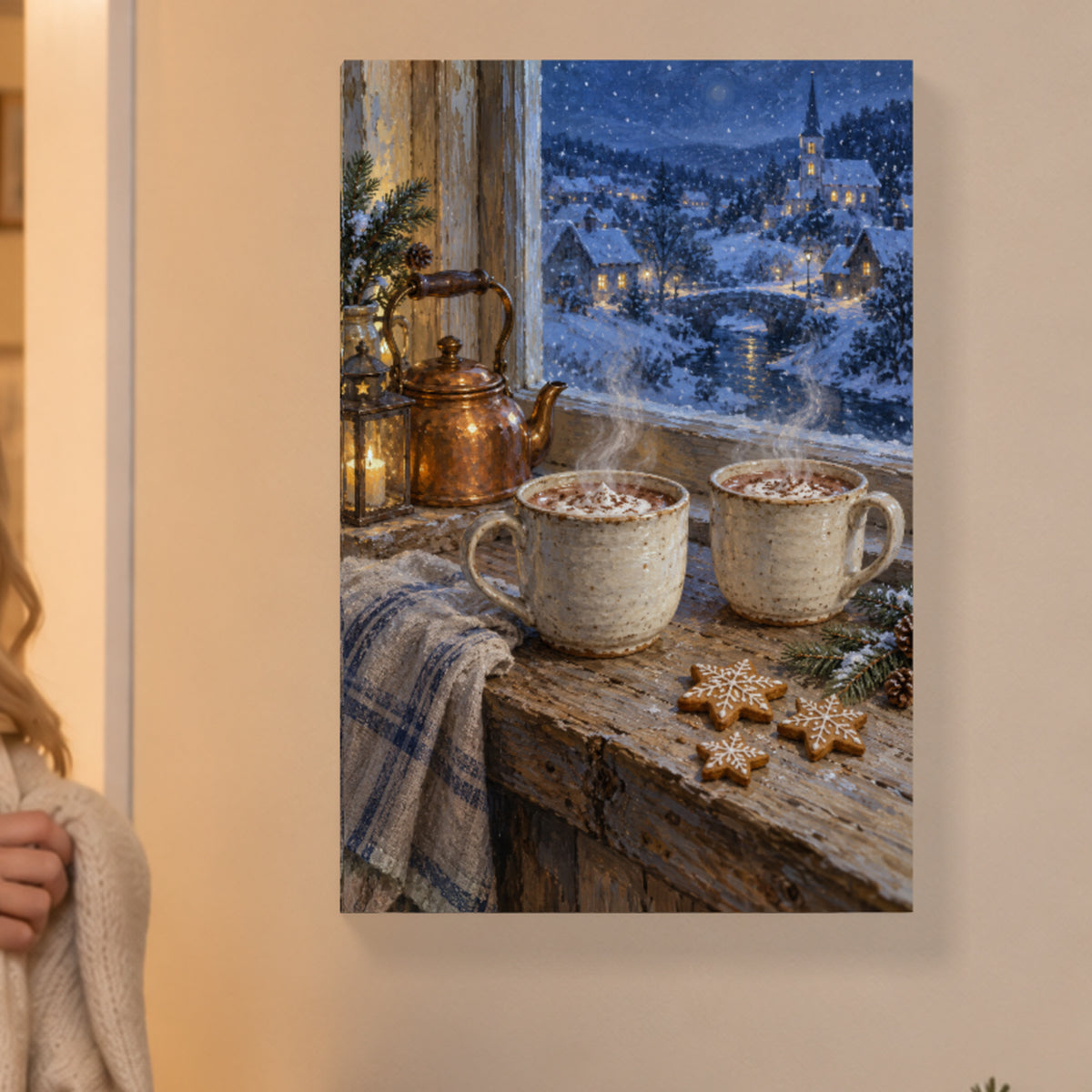 Snowy Night Hot Cocoa — Christmas Canvas Wall Art — complete unframed canvas artwork in a close lifestyle view; styling props not included