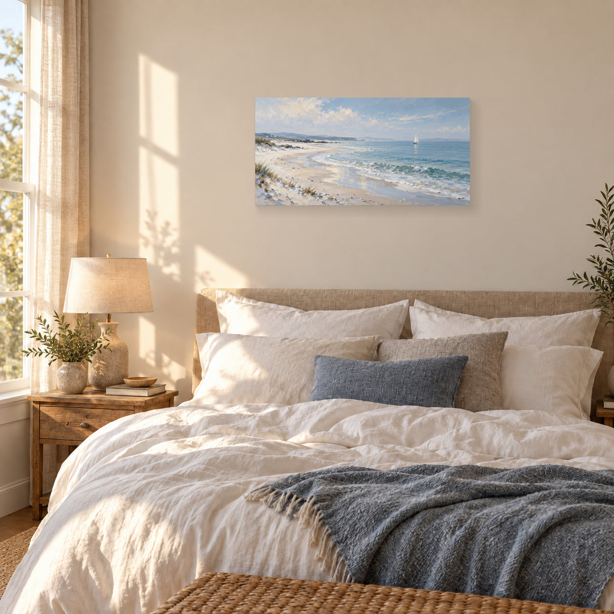 Light Left by the Tide 32 by 16 inch canvas print above a guest bed
