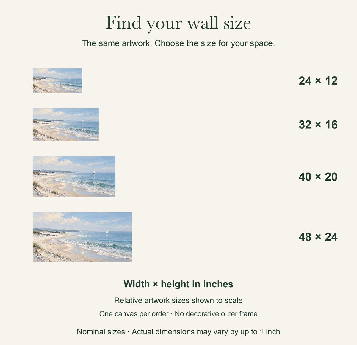 Light Left by the Tide — Landscape Canvas Wall Art — artwork size comparison, width × height in inches — Image 11