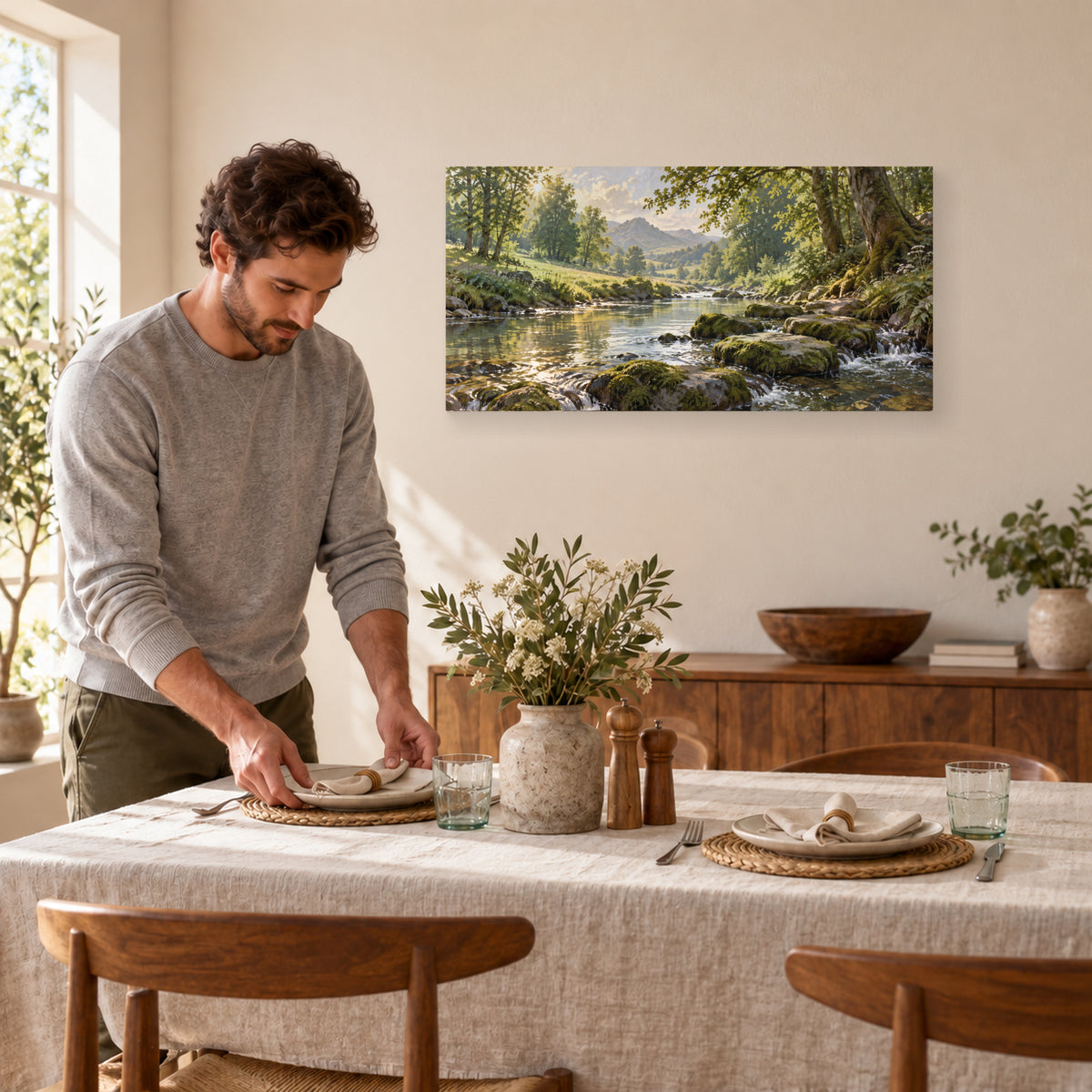 Morning Woodland Stream 32 by 16 inch canvas print during dinner preparations