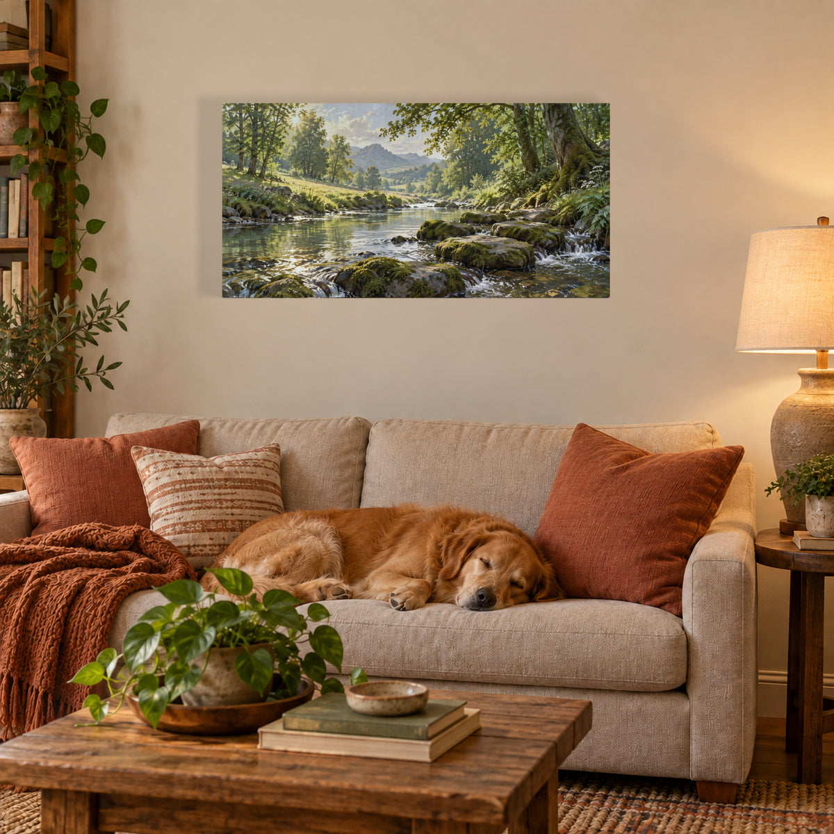 Morning Woodland Stream 32 by 16 inch canvas print above a sofa in lamplight