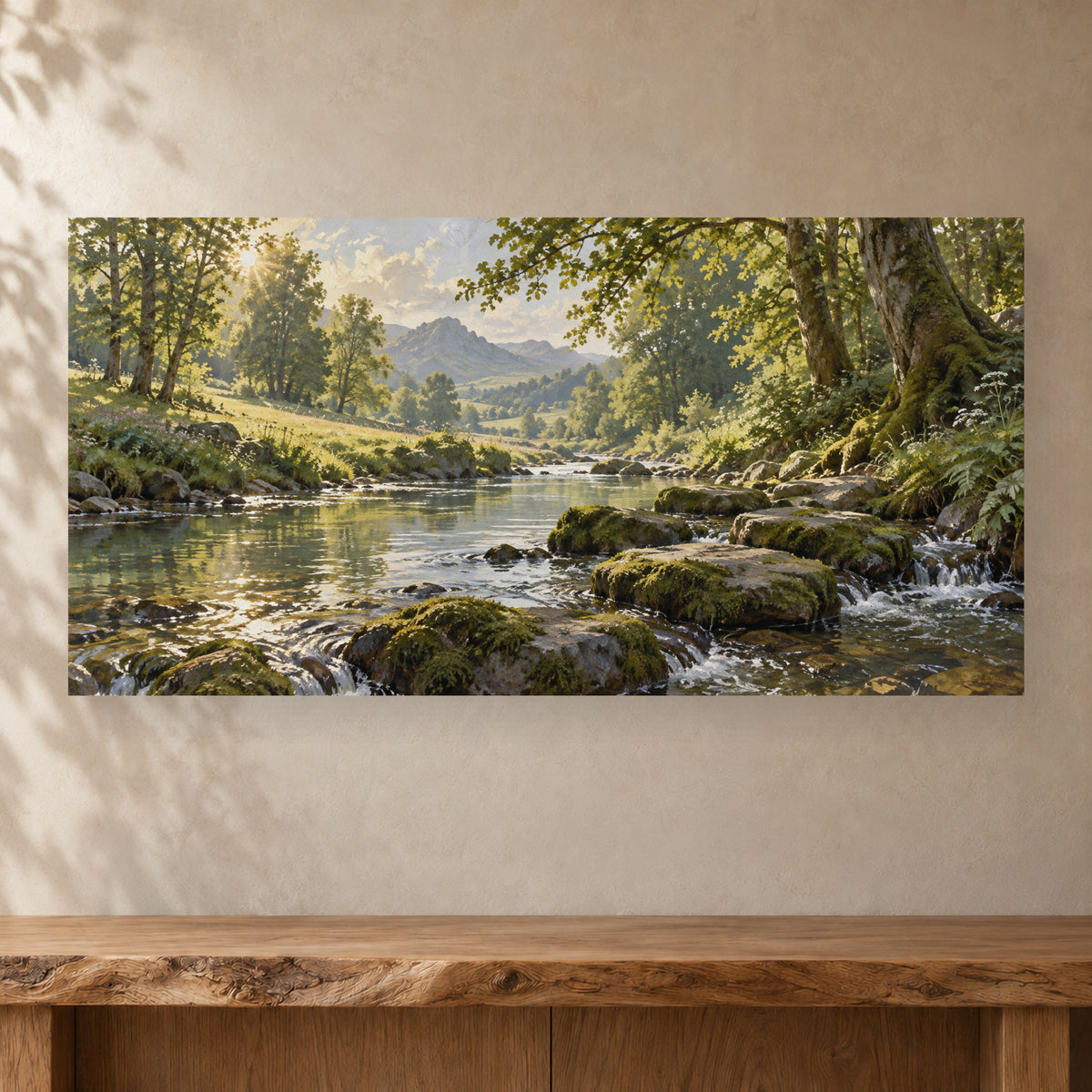 Morning Woodland Stream — Landscape Canvas Wall Art — complete canvas display on a textured wall; Shopify lifestyle main image