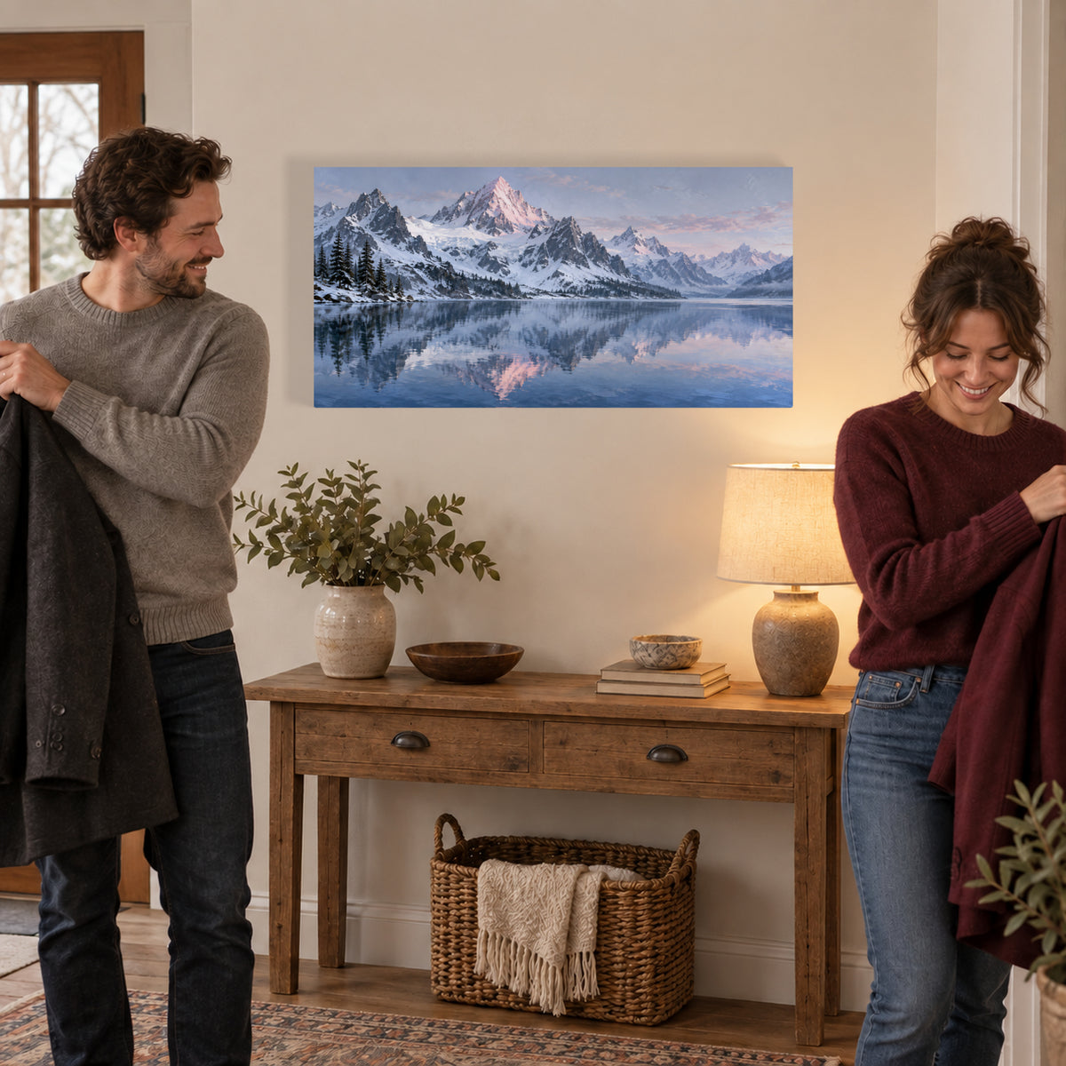 First Light at the Alpine Lake 32 by 16 inch canvas print above an entryway table