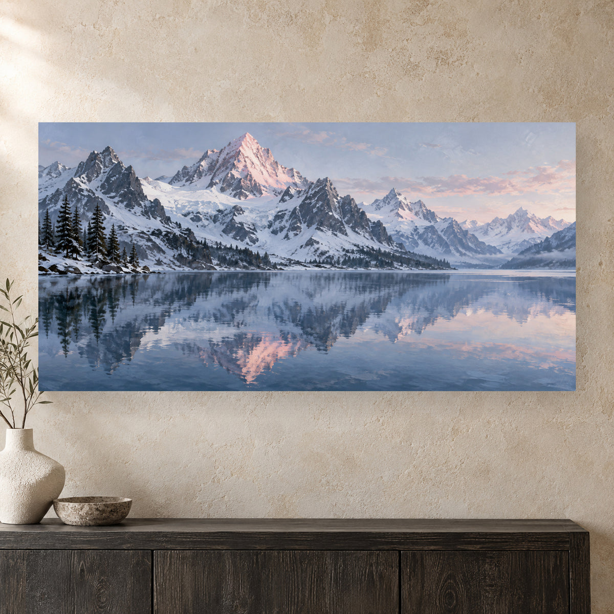 First Light at the Alpine Lake — Landscape Canvas Wall Art — complete canvas display on a textured wall; Shopify lifestyle main image