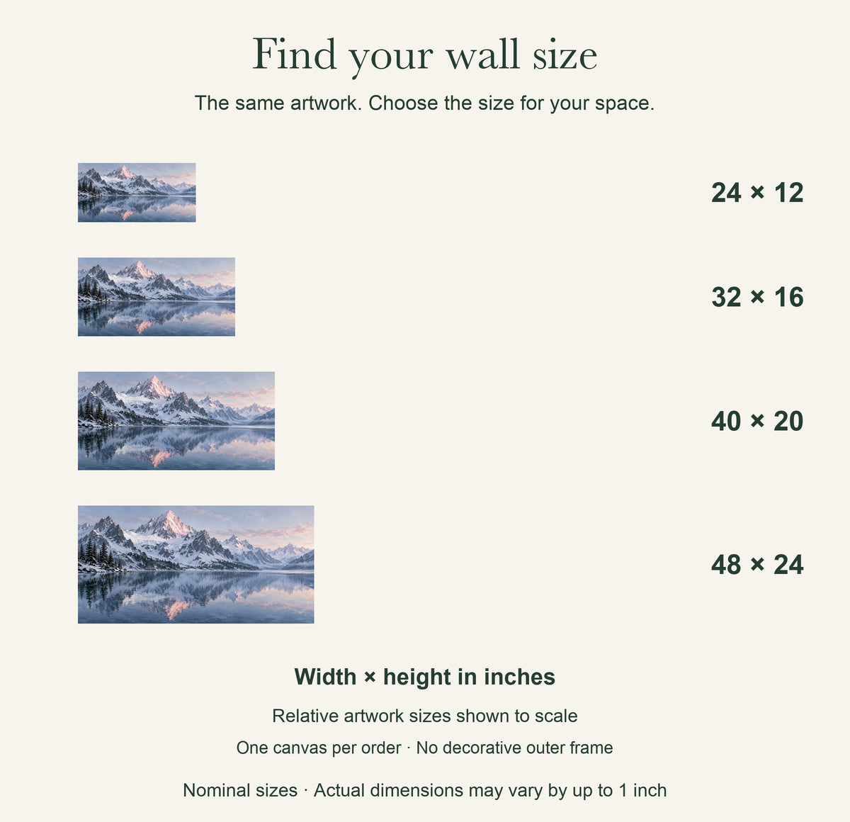 First Light at the Alpine Lake — Landscape Canvas Wall Art — artwork size comparison, width × height in inches — Image 11