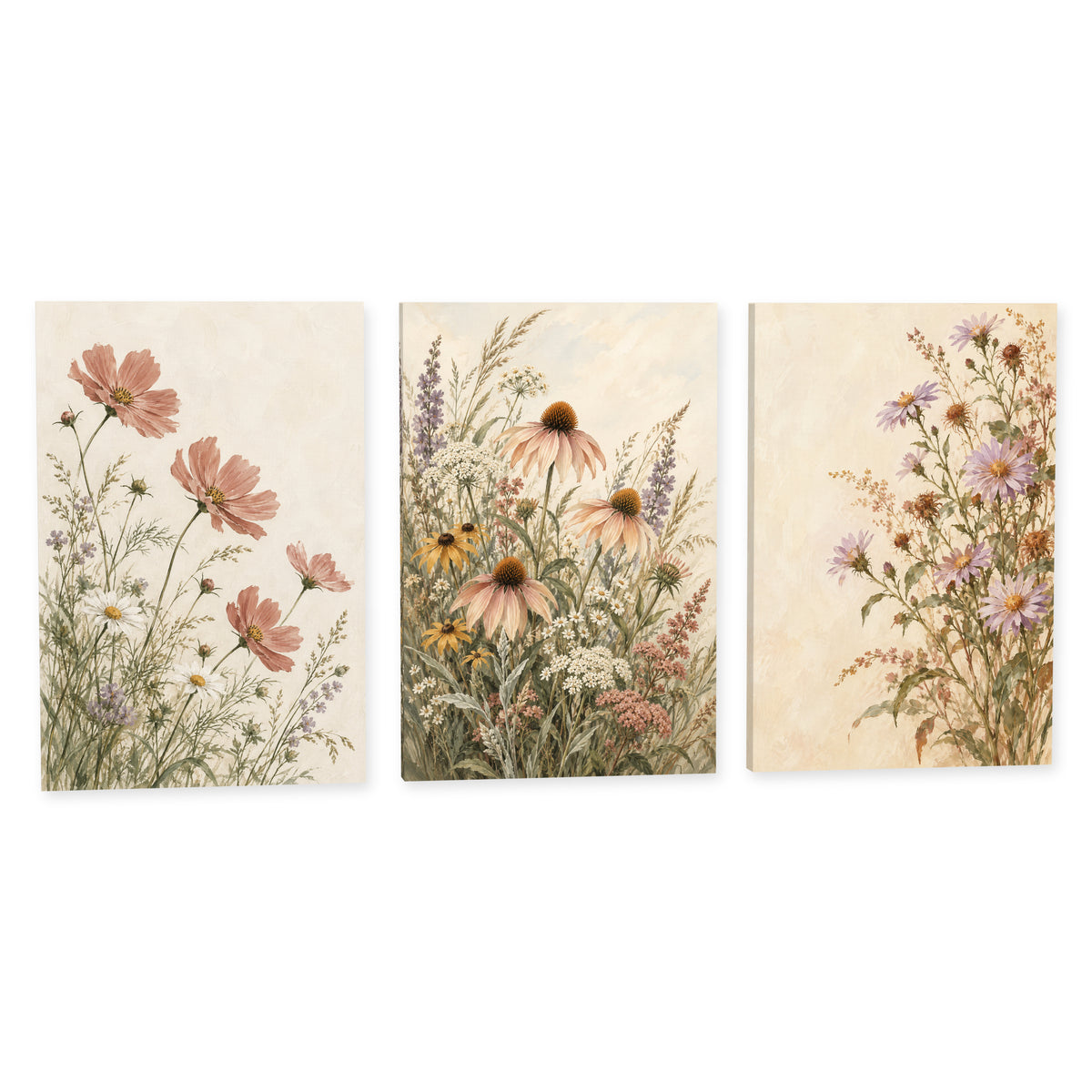 Wildflowers Through Three Seasons — Landscape Canvas Wall Art Set of 3 — Complete canvas print on a white background — image 01