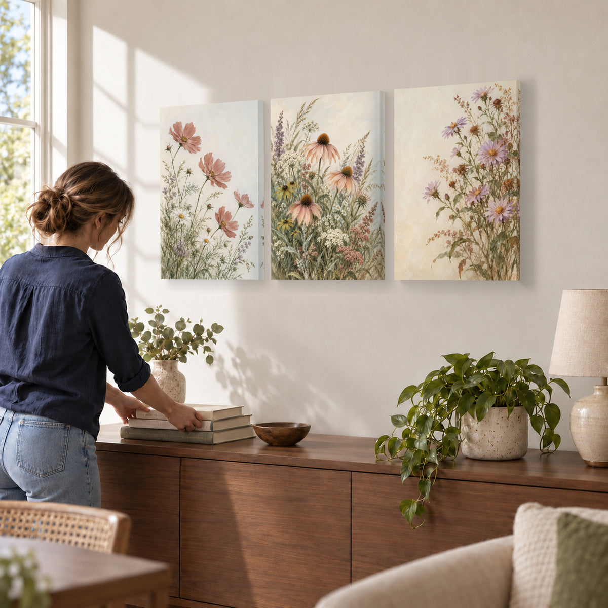 Wildflowers Through Three Seasons triptych canvas prints above a sideboard while arranging books
