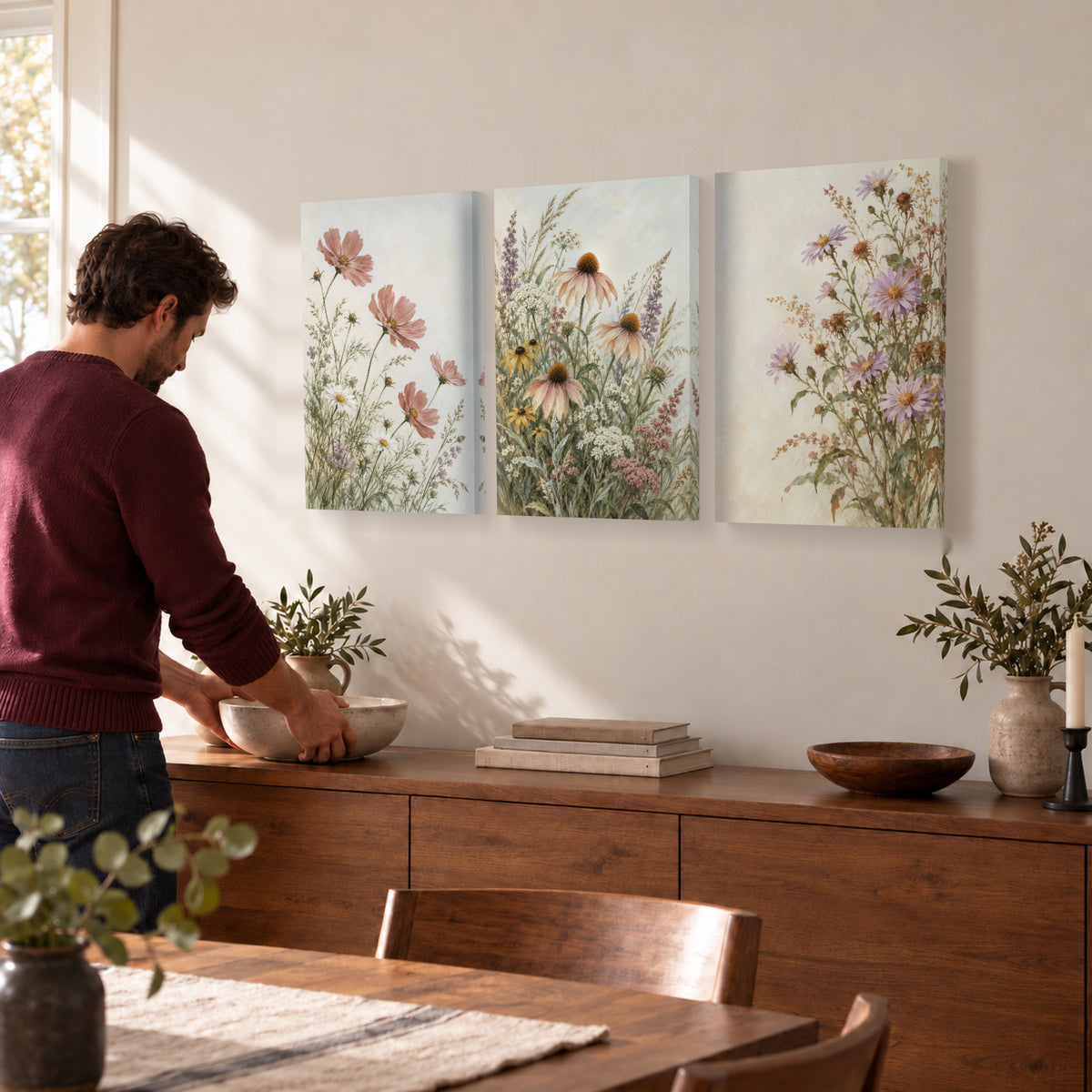 Wildflowers Through Three Seasons triptych canvas prints during dining preparations