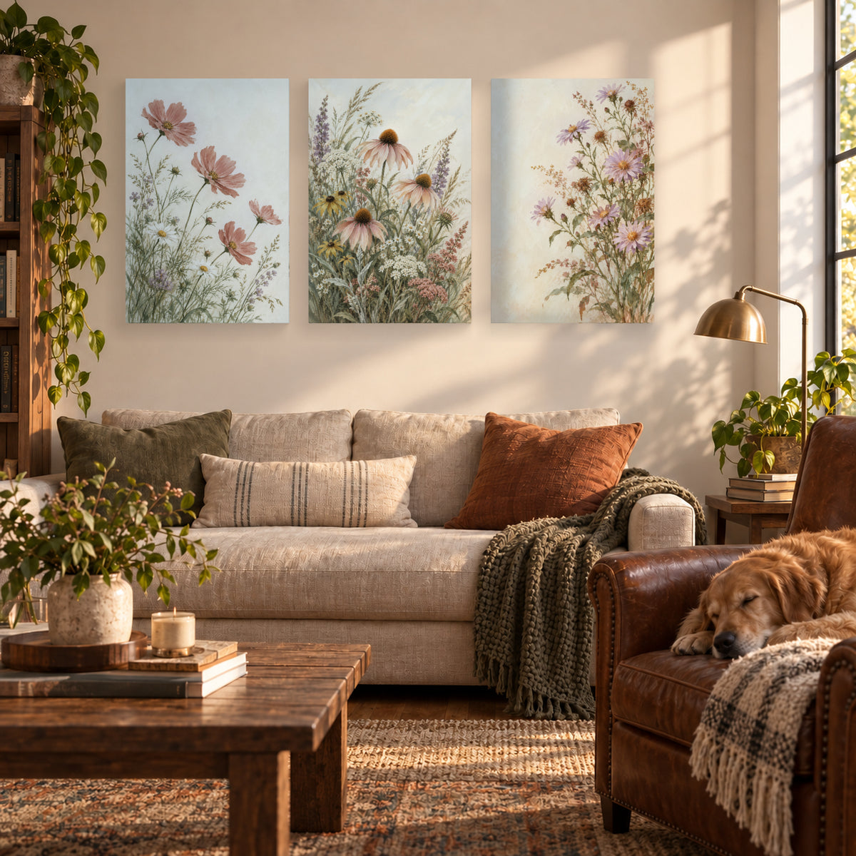 Wildflowers Through Three Seasons triptych canvas prints in a sunlit reading room