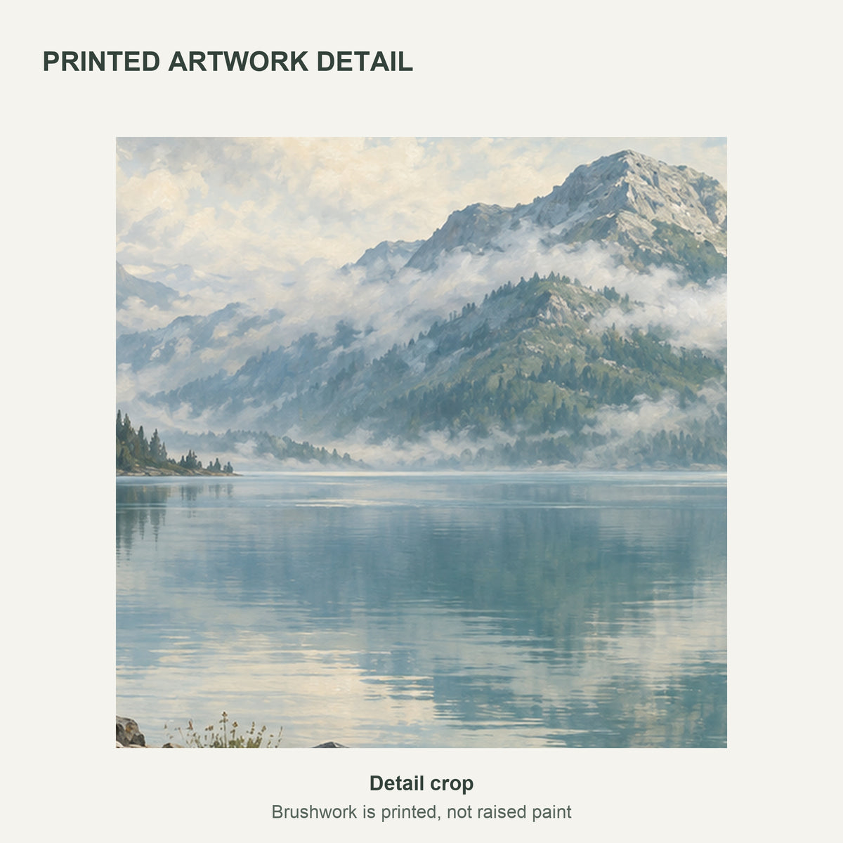Misty Mountain Lake — Landscape Canvas Wall Art Set of 3 — Detail crop of the printed artwork — image 05