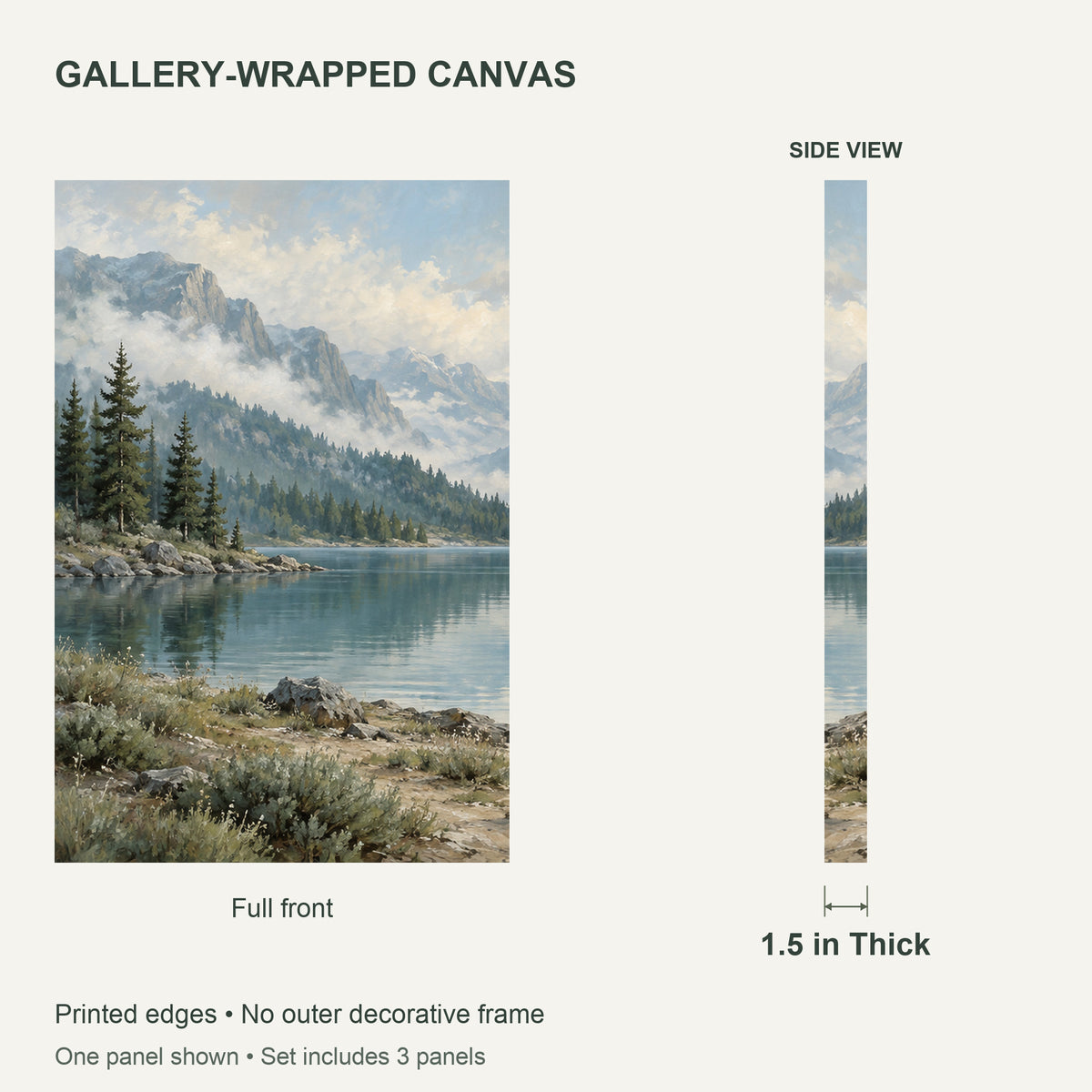 Misty Mountain Lake — Landscape Canvas Wall Art Set of 3 — Canvas depth and wrapped edges — image 06
