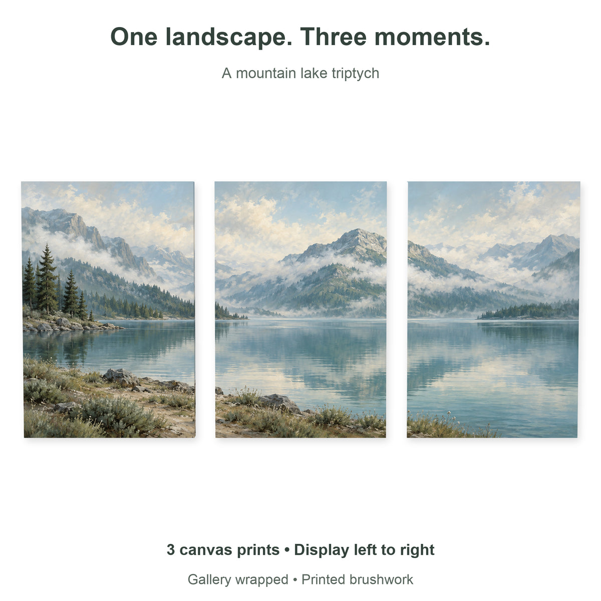 Misty Mountain Lake — Landscape Canvas Wall Art Set of 3 — Artwork theme and included panel arrangement — image 09
