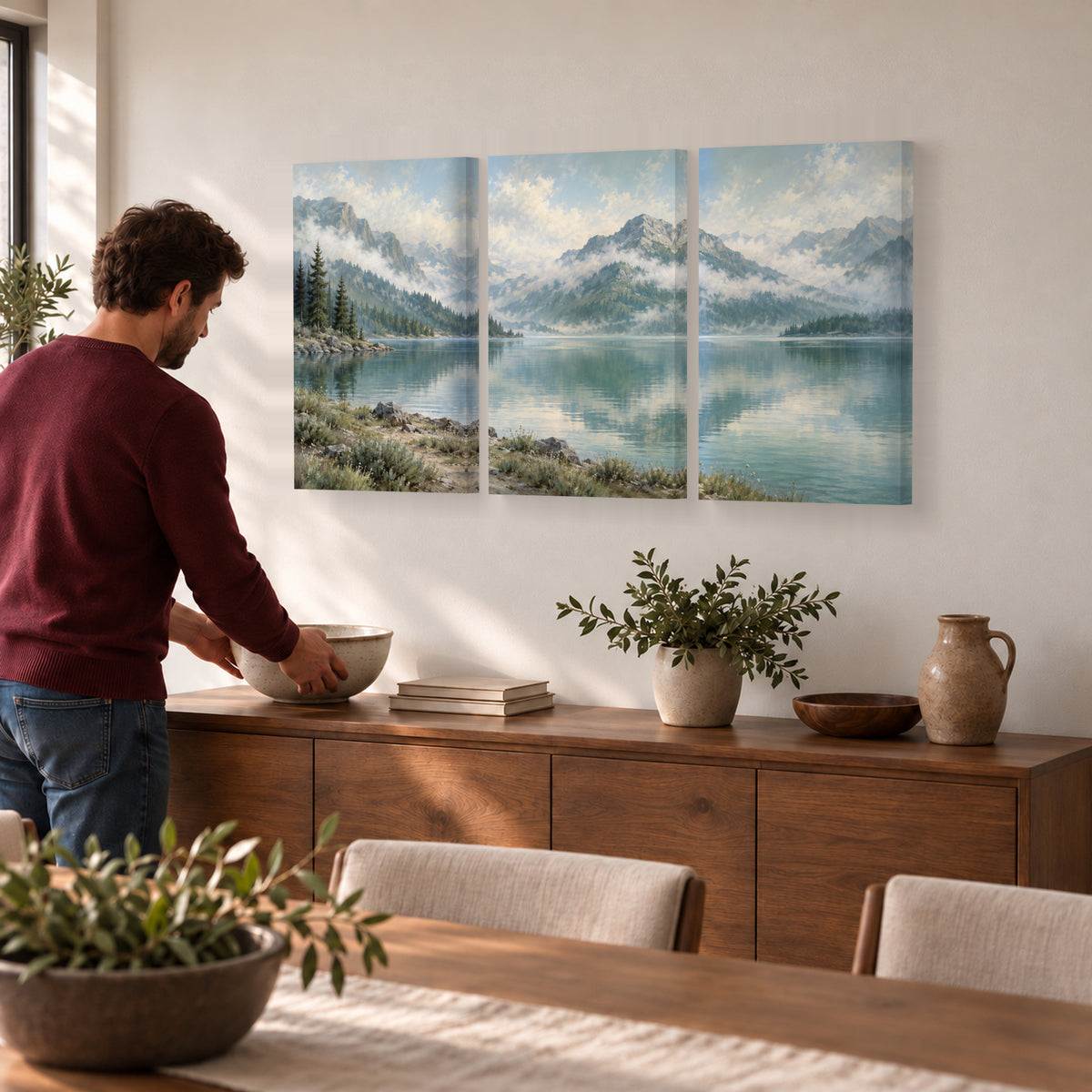 Misty Mountain Lake triptych canvas prints during dining preparations