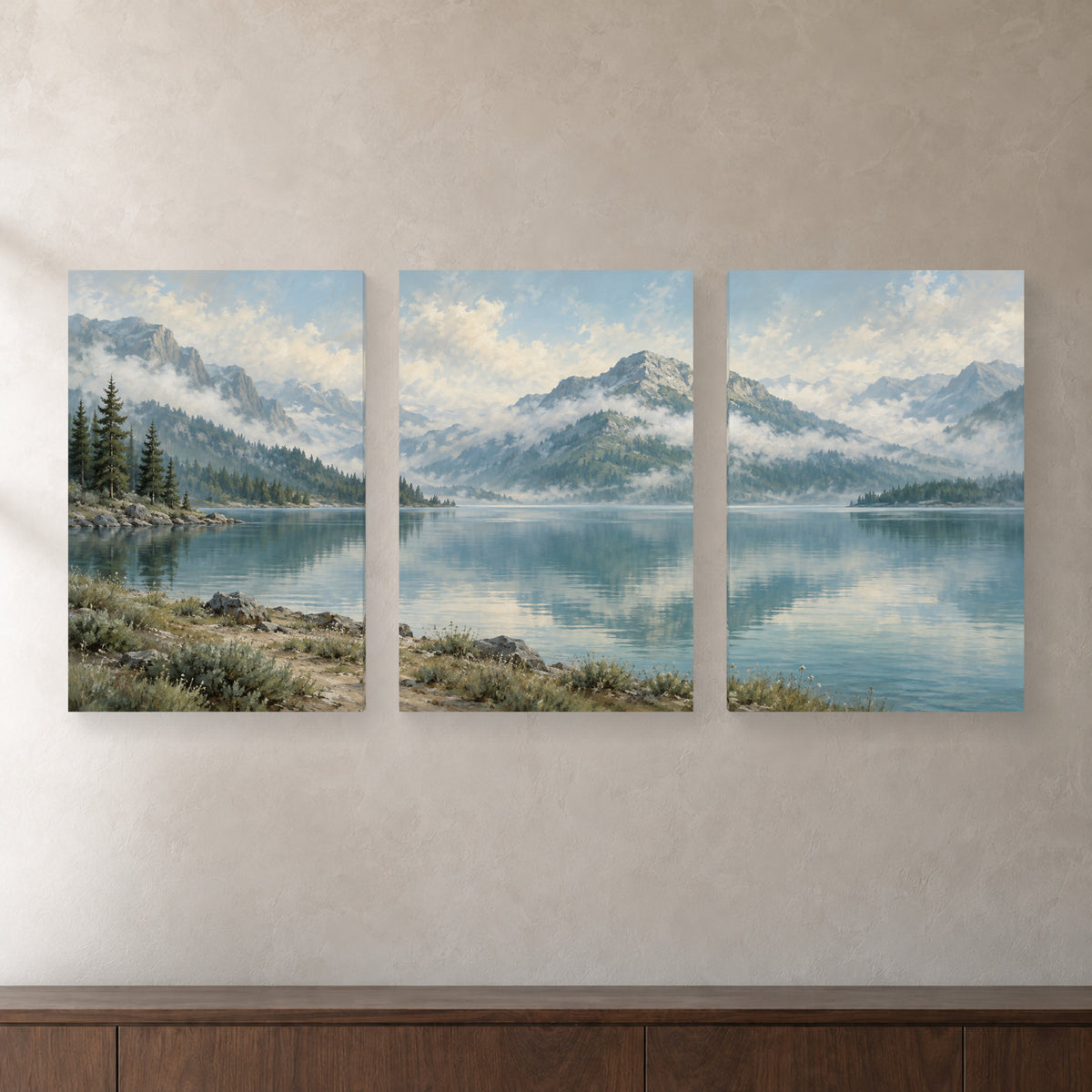 Misty Mountain Lake — Landscape Canvas Wall Art Set of 3 — complete canvas display on a textured wall; Shopify lifestyle main image