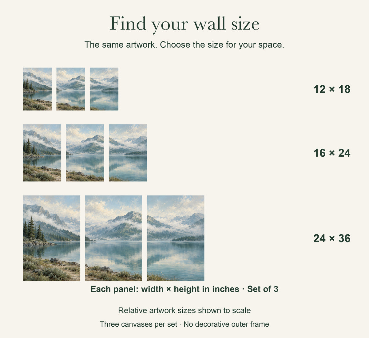 Misty Mountain Lake — Landscape Canvas Wall Art Set of 3 — artwork size comparison, width × height in inches, dimensions per panel, set of 3 — Image 11
