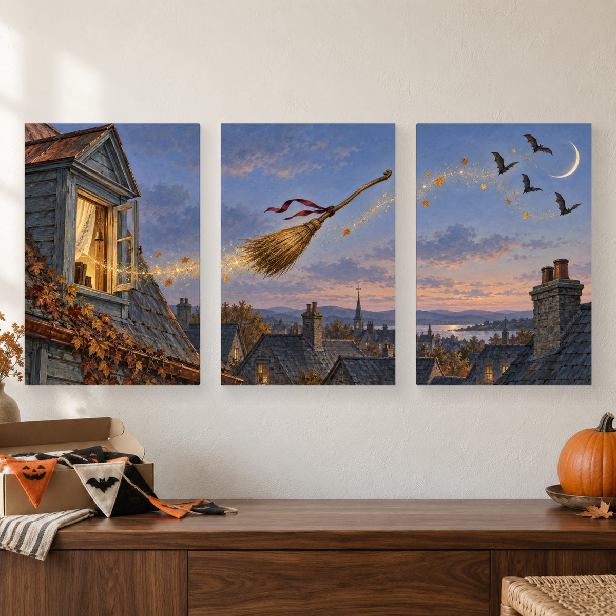 Midnight Sweeper triptych above a seasonal cabinet