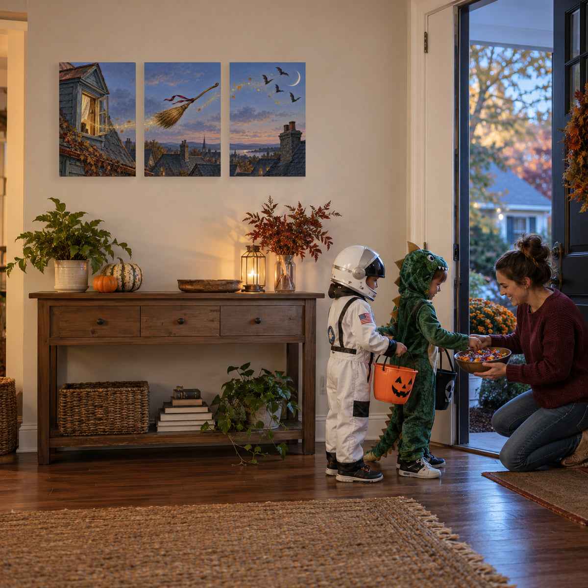Midnight Sweeper triptych during trick or treat at the front door