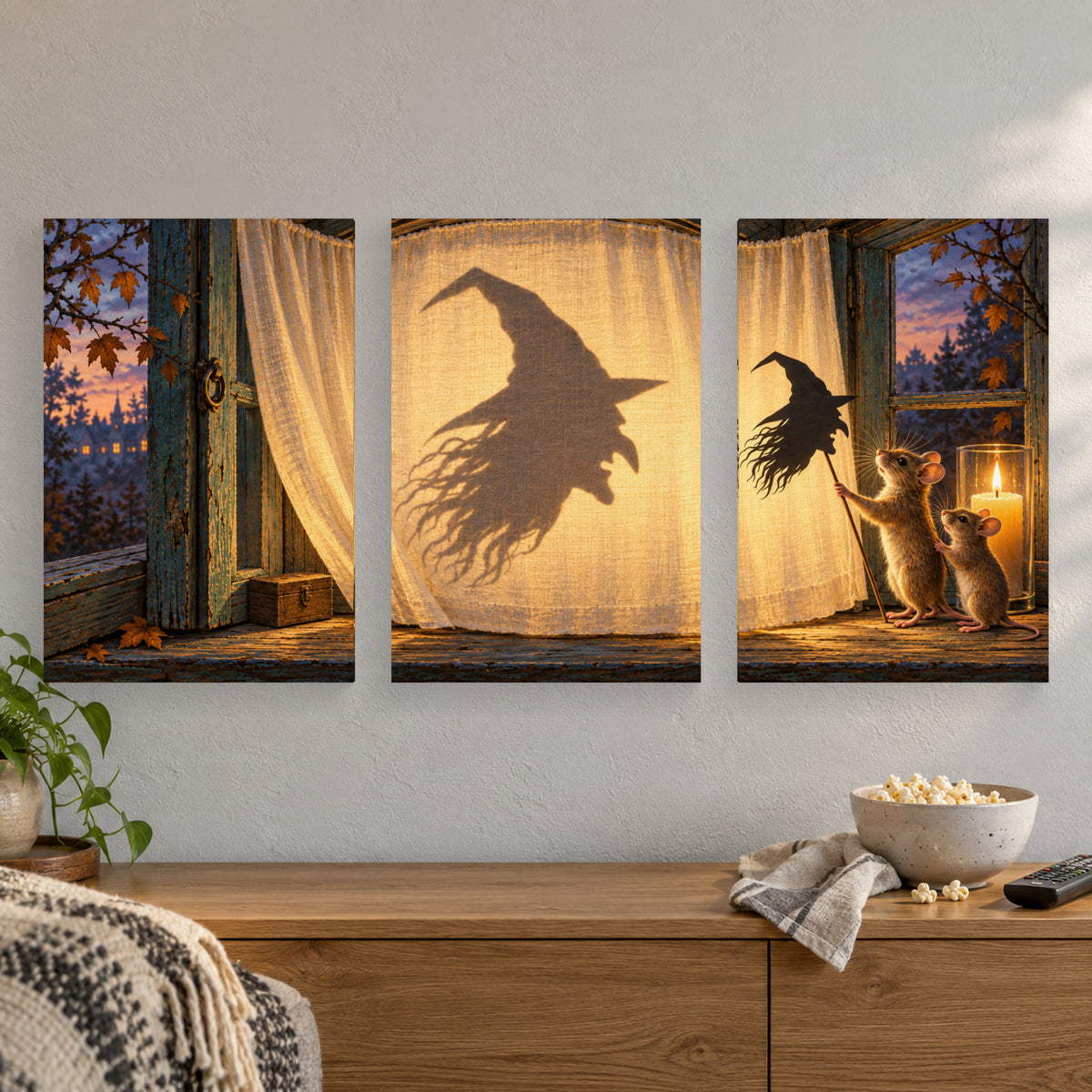 Midnight Shadow Theatre triptych above a media cabinet