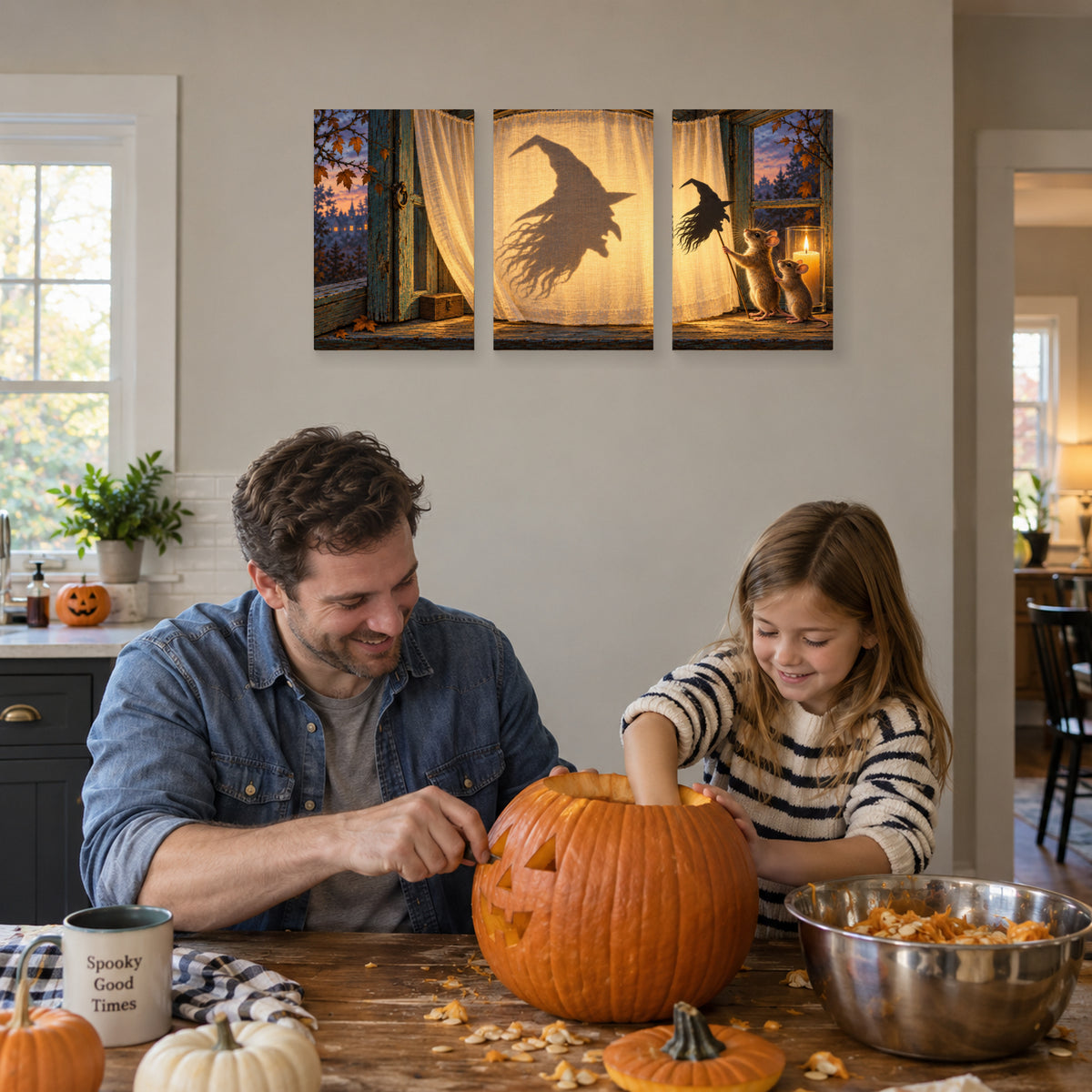 Midnight Shadow Theatre triptych during pumpkin carving
