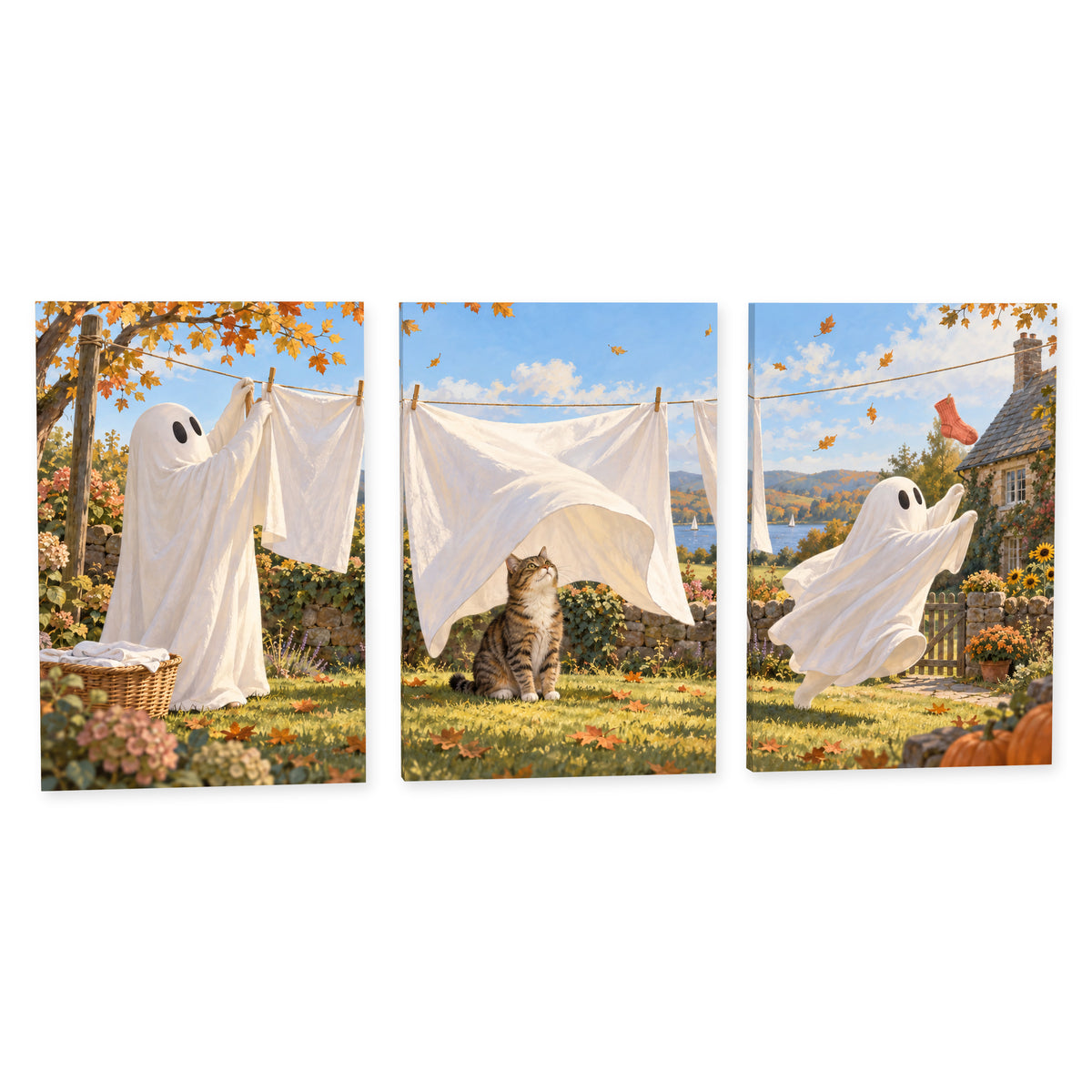 Ghost Laundry Day — Halloween Canvas Wall Art Set of 3 — Complete canvas print on a white background — image 01