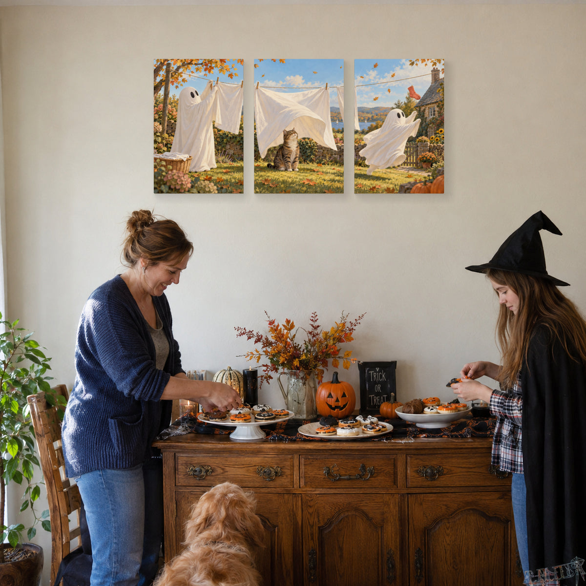 Ghost Laundry Day canvas prints during Halloween party preparations